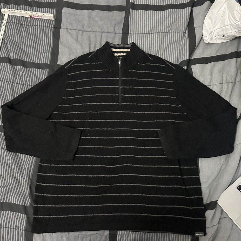 Eddie Bauer Sweater Mens Size XL Black Quarter Zip Pullover Mock Neck Cotton